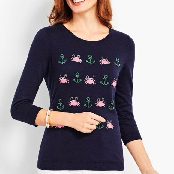 Talbots Crabs Anchors Embroidered Rhinestone Crew Neck Sweater Blue Large - Picture 1 of 13